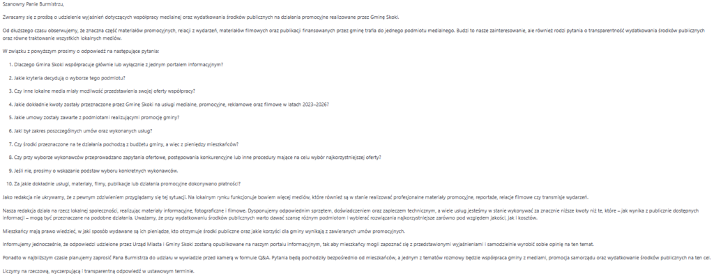 Zrzut-ekranu-2026-07-09-135342-1024x396 Zapytaliśmy o publiczne pieniądze. Zamiast konkretnych odpowiedzi na nasze pytania, Burmistrz ocenił naszą redakcję.